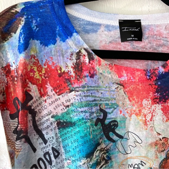 INOAH Colorful Whimsical Abstract Faces Women Scribbles Graphic Print Tunic, M - Picture 4 of 5